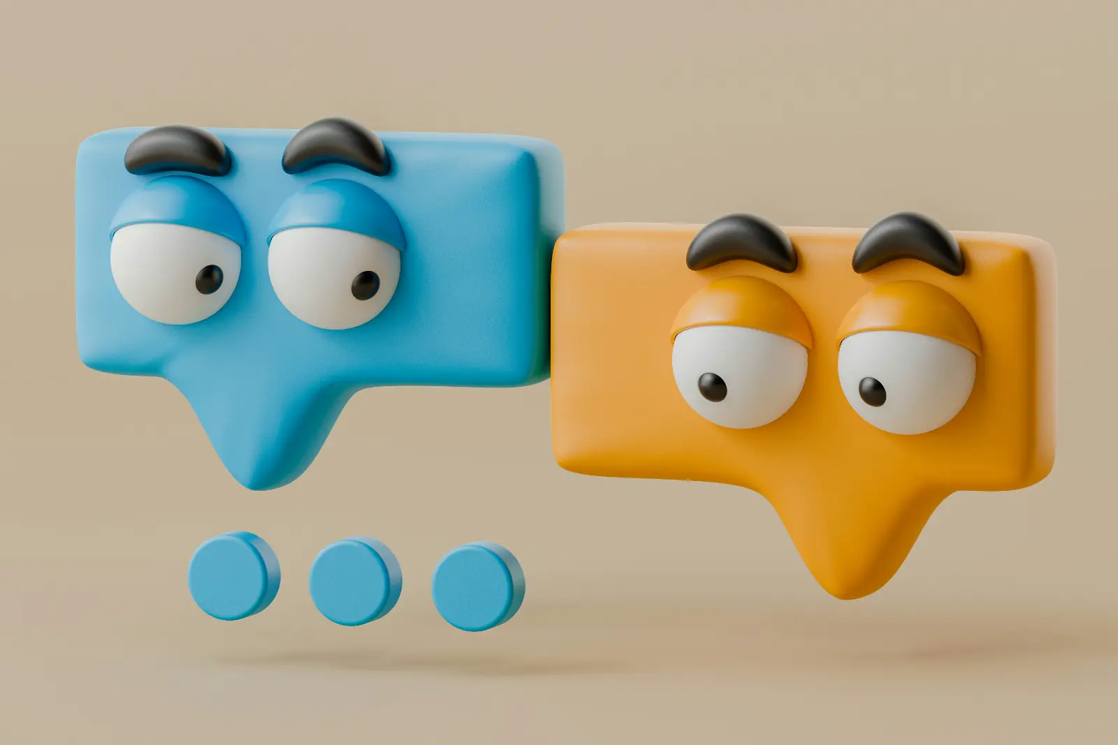 Zwei Sprechblasen als Comicfiguren mit großen Augen und Augenbrauen schauen einander an, eine blaue und eine orangefarbene.