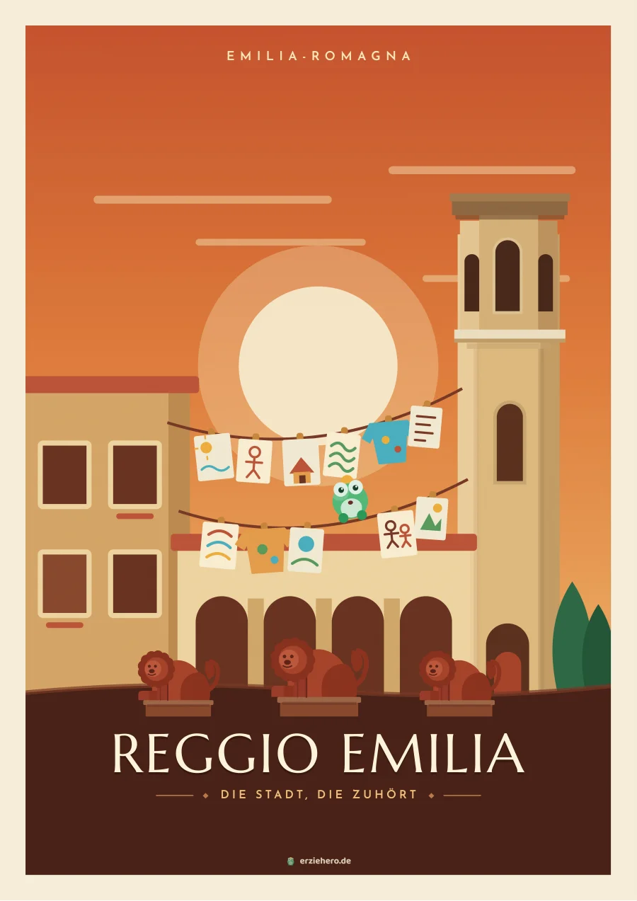 Vintage-Reiseposter "Reggio Emilia" aus der Serie Reiseziel Kita