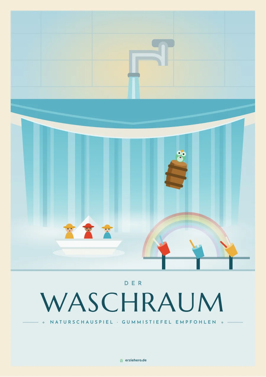 Vintage-Reiseposter "Der Waschraum" aus der Serie Reiseziel Kita